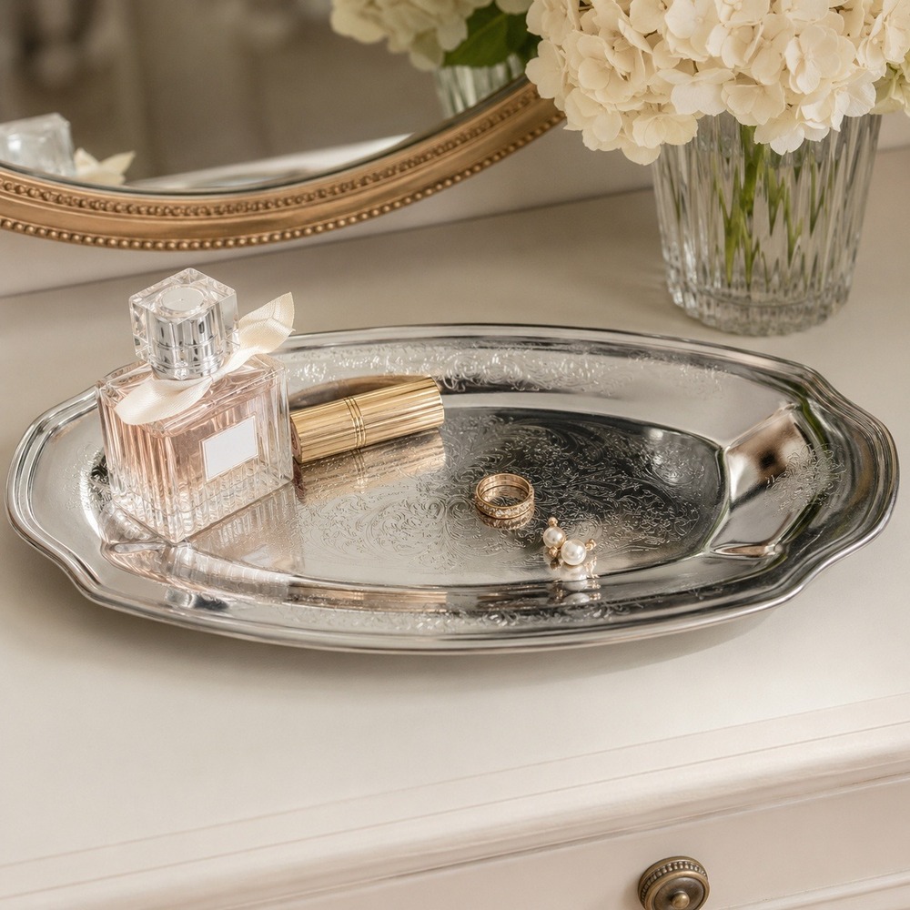 VTG Irvinware Silver Tone Oval Vanity Tray Made USA Floral Scroll Serving